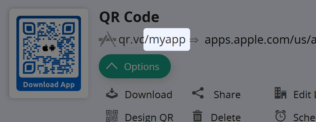 Screenshots of QR Code Options and QR Code Generator with hidden or deactivated Vanity URL Editing Fields 
