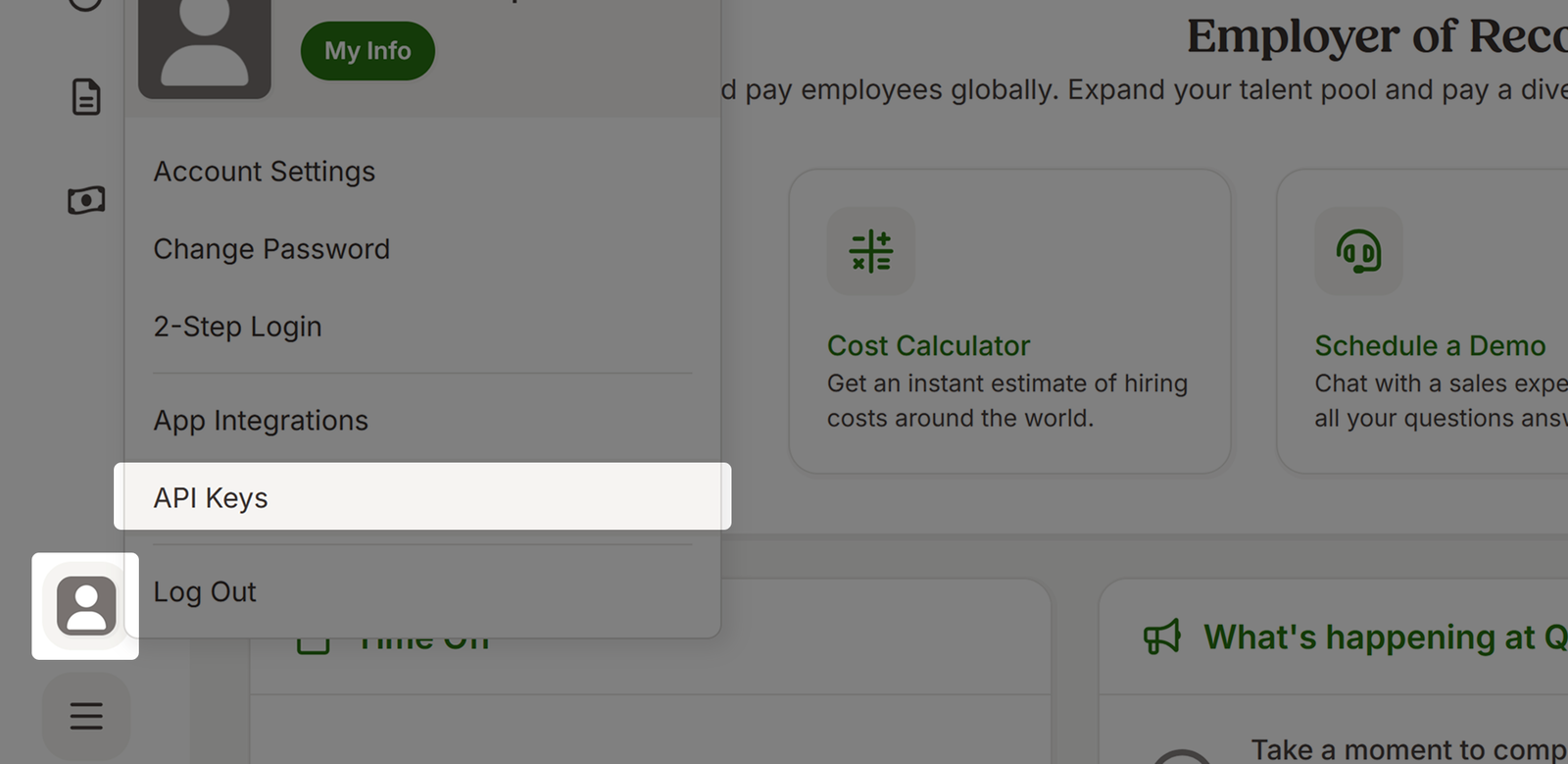 Menú de la cuenta BambooHR.