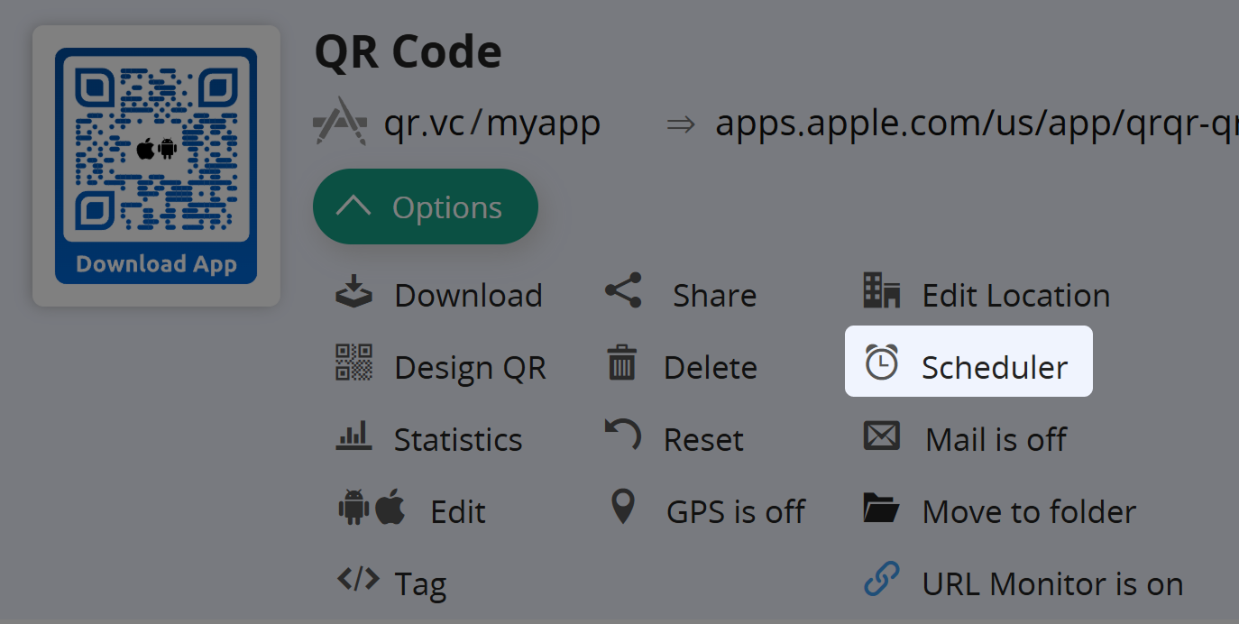 Screenshot of button "Scheduler" in QR Code options 