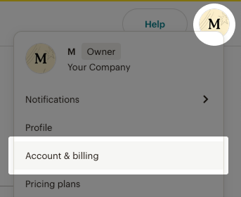 Screenshot: menu settings highlighted avatar and Account and billing