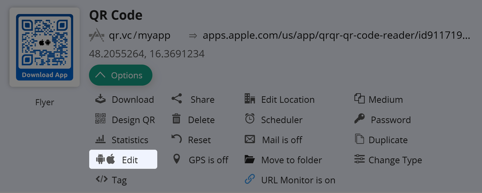 Captura de pantalla del botón "Editar" en la pestaña Opciones de un Código QR 