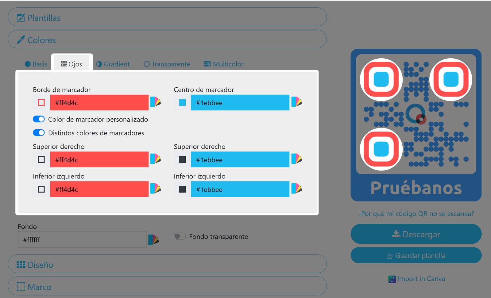 Captura de pantalla del menú de colores de ojos del código QR 