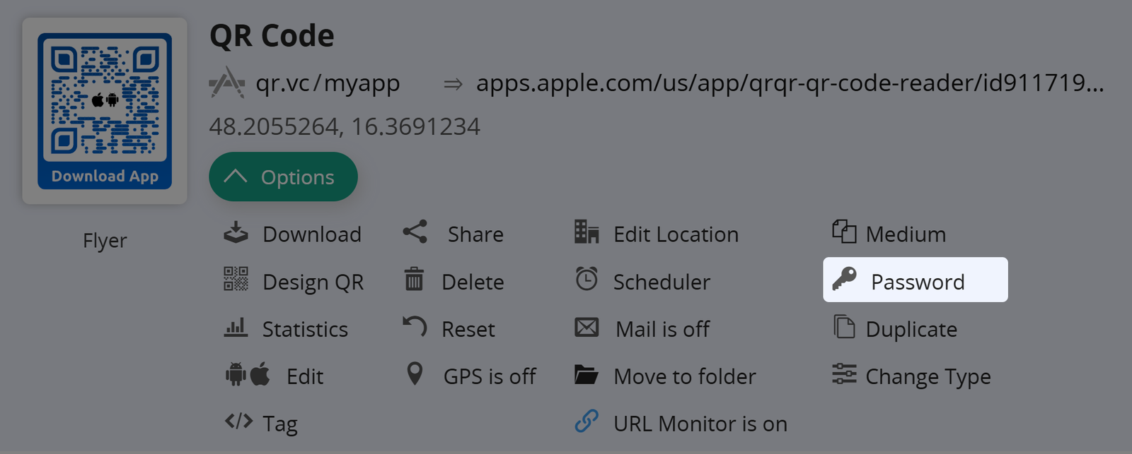 Captura de pantalla del botón "Medio" en la pestaña Opciones de un código QR 