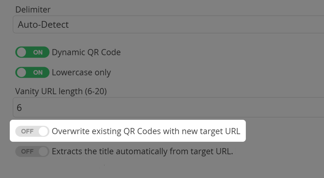 Screenshot of option "Overwrite existing QR Codes" when importing QR Codes 
