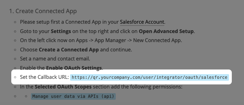 Screenshot: Salesforce Instructions with highlighted "Callback URL"