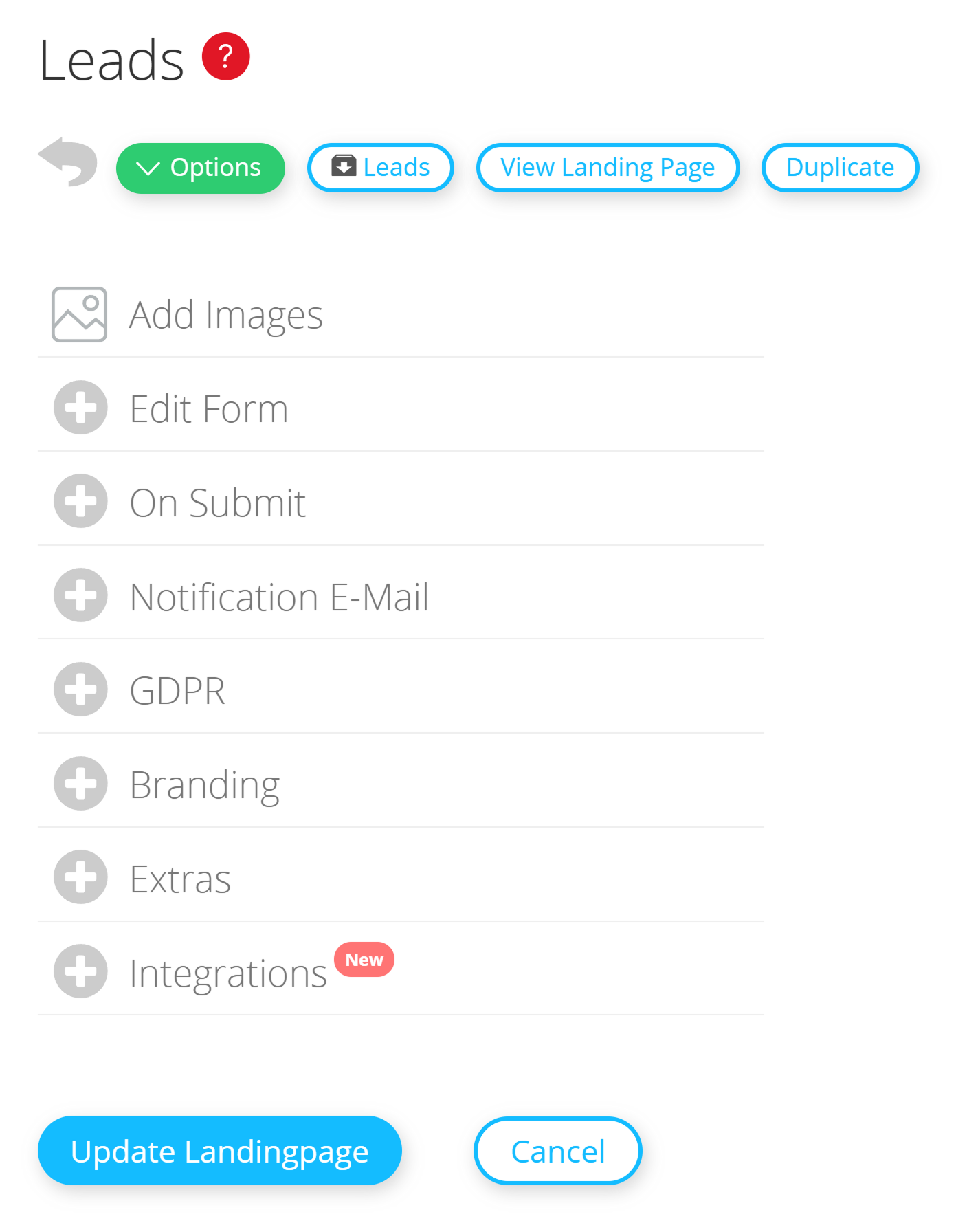 Overview of Lead Landing Page Editor.