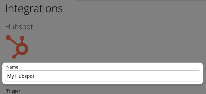 Screenshot: Integration form for Hubspot with highlighted input field "Name"