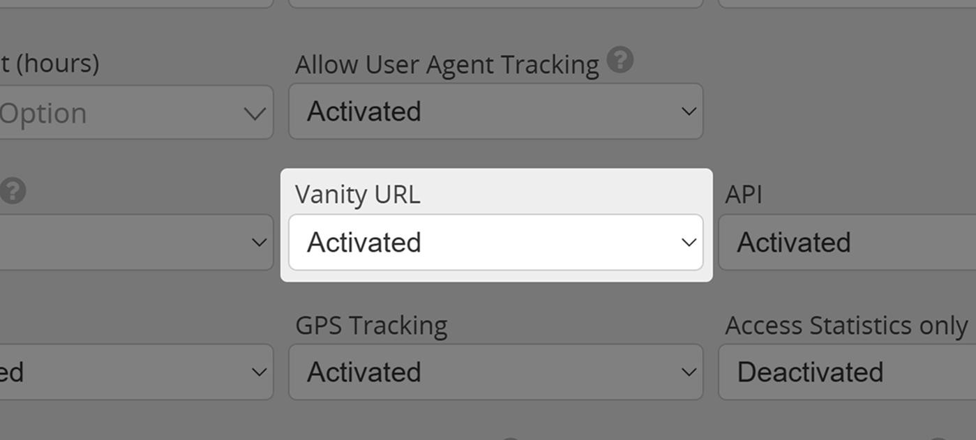 Screenshot of Vanity URL setting in User Permissions Menu 