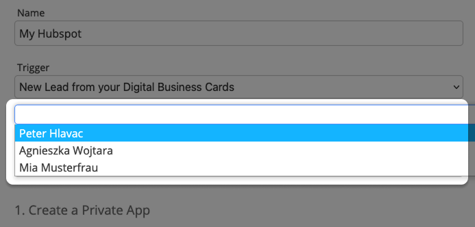 Screenshot: Integration form for Hubspot with dropdown filter for "Trigger"