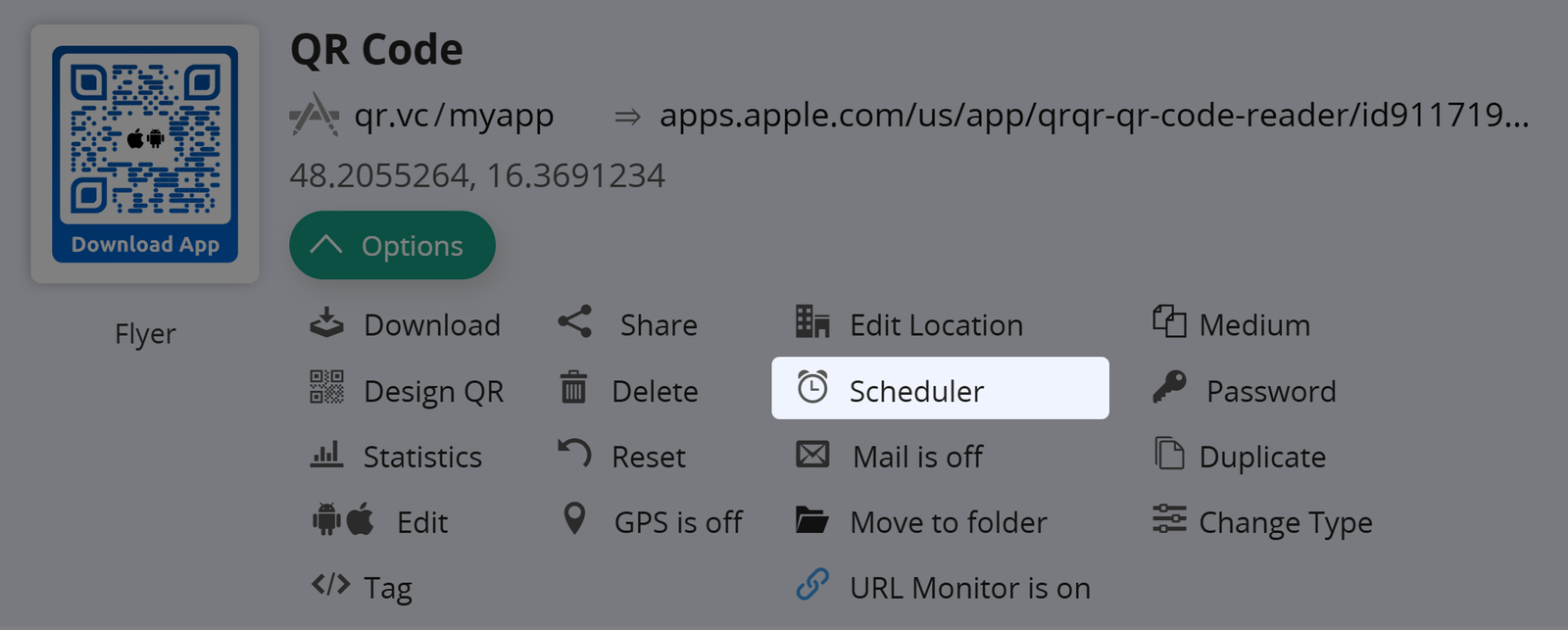 Screenshot der Schaltfläche "Scheduler" auf der Registerkarte "Optionen" eines QR Codes 