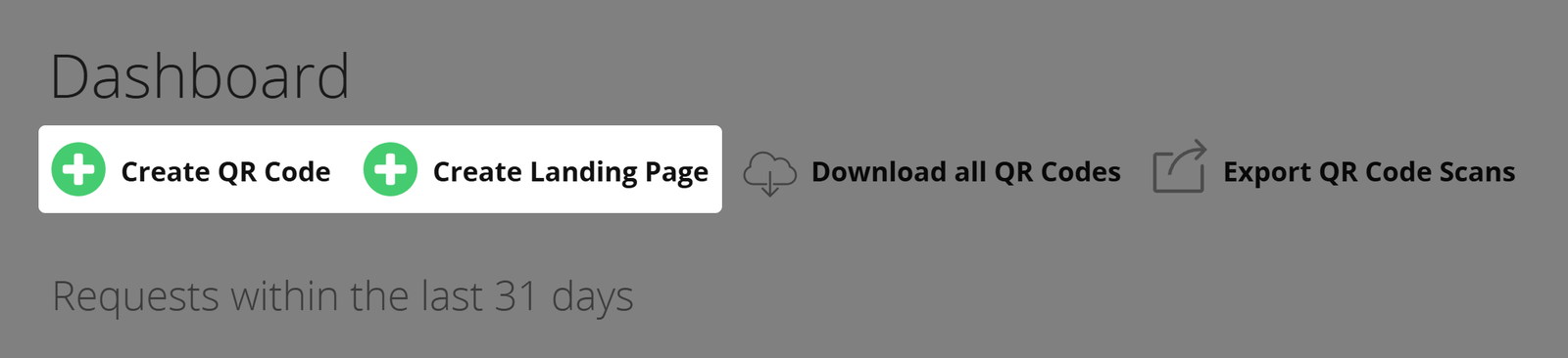 Screenshots of User Dashboard with buttons "Create QR Code" and "Create Landing Page" 