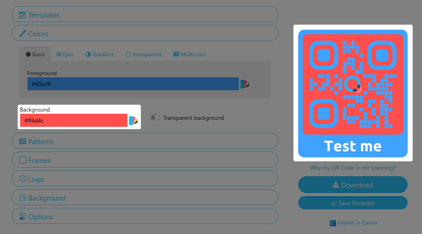 Screenshot of QR Code background color option 