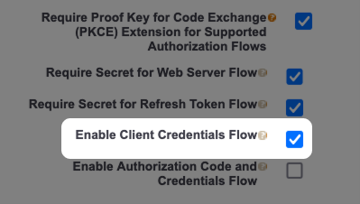 Screenshot: Highlighted Enable Client Credentials Flow