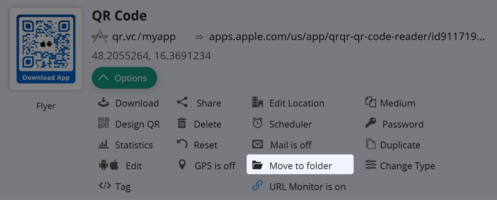Captura de pantalla del botón "Mover a carpeta" en la pestaña Opciones de un Código QR 