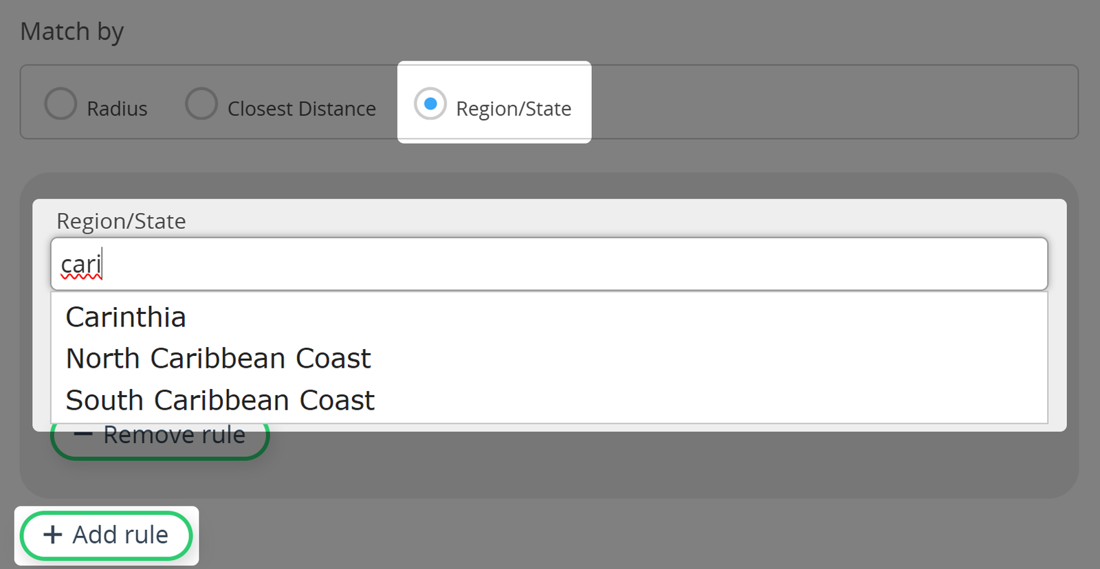Screenshot of matching by region-based rule