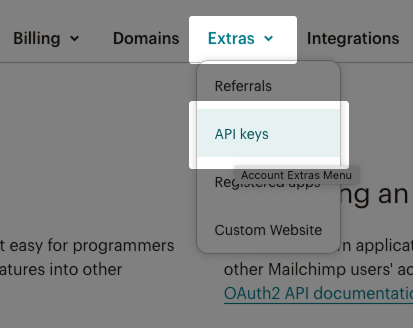 Screenshot: Account and Billing menu, highlighted Extras > API keys