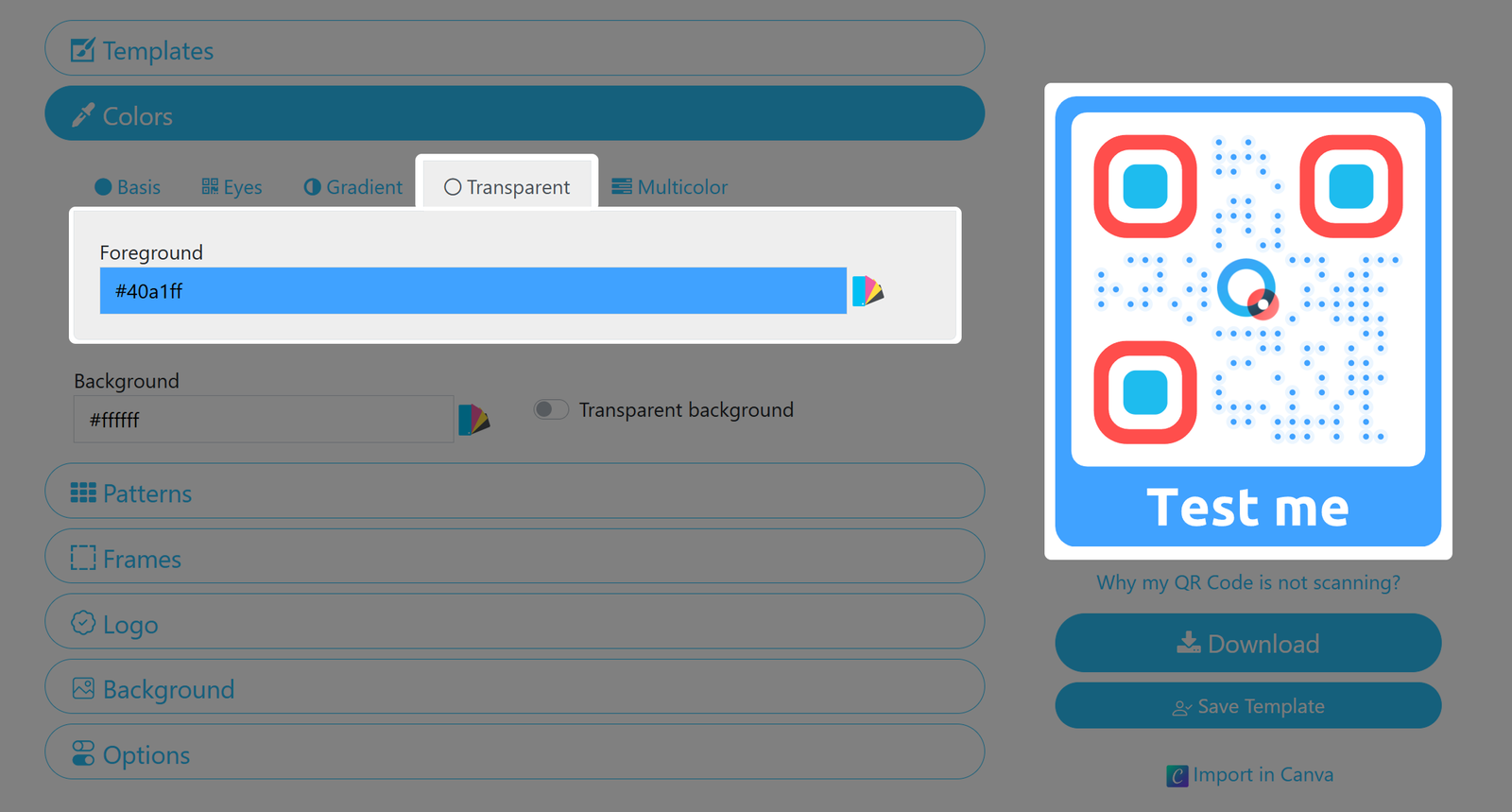 Screenshot of QR Code transparency menu 