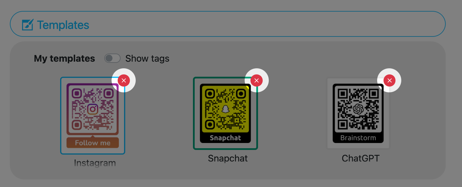 Screenshot of highlighted delete button for templates 
