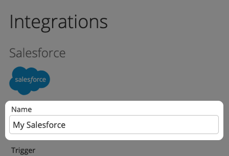Screenshot: Integration form for Salesforce with highlighted input field "Name"