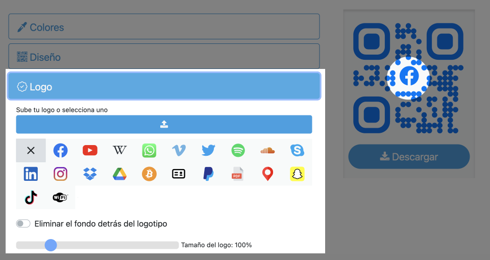 Captura de pantalla del menú de personalización de códigos QR 
