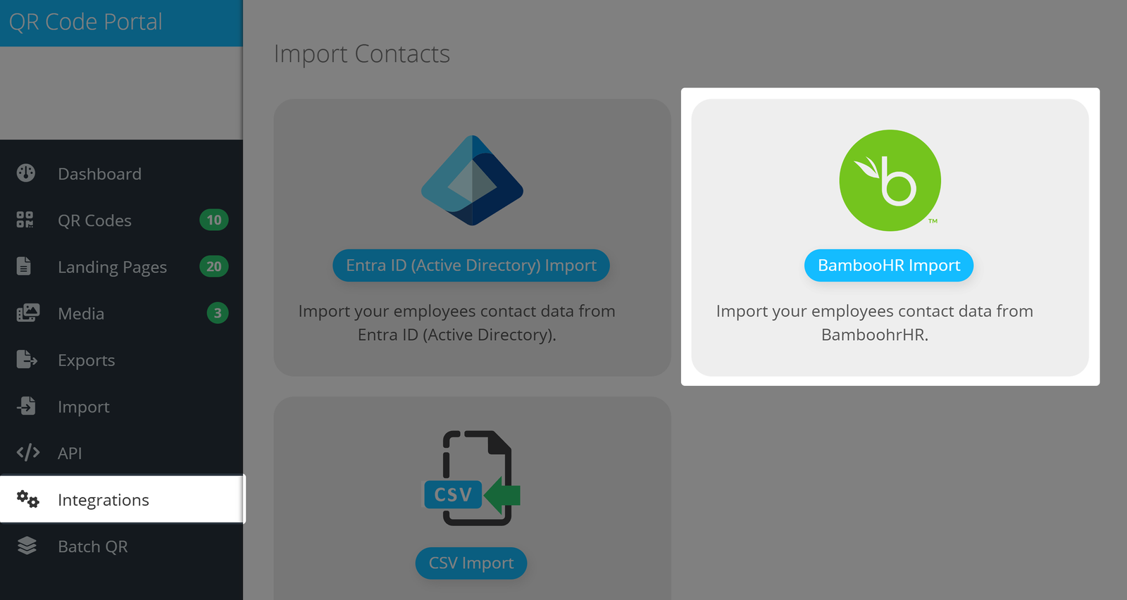Página de integraciones de la plataforma del código QR Página de integraciones de la plataforma del código QR