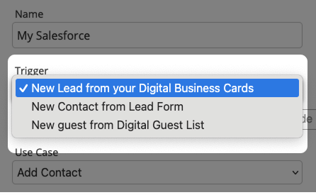 Screenshot: Integration form for Salesforce with Trigger event list