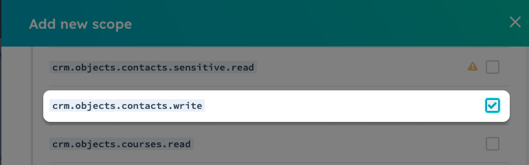 Screenshot: Scopes with highlighted "scope crm.objects.contacts.write"