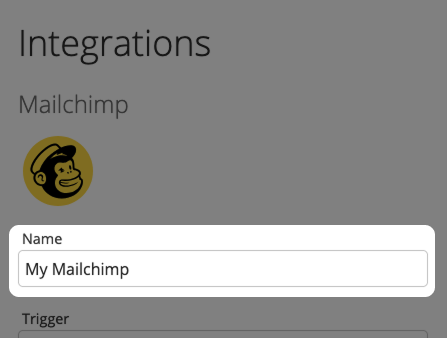Screenshot: Integration form for Mailchimp with highlighted input field "Name"