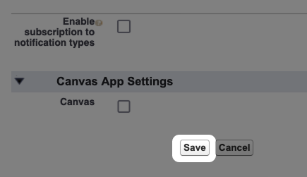 Screenshot: Highlighted Save button for creation of the Connected App