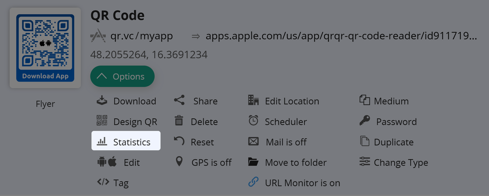 Captura de pantalla del botón "Estadísticas" en la pestaña Opciones de un Código QR 