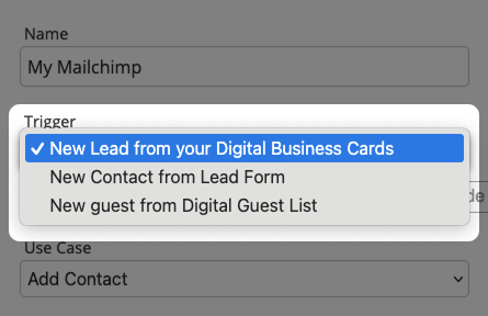 Screenshot: Integration form for Mailchimp with Trigger event list