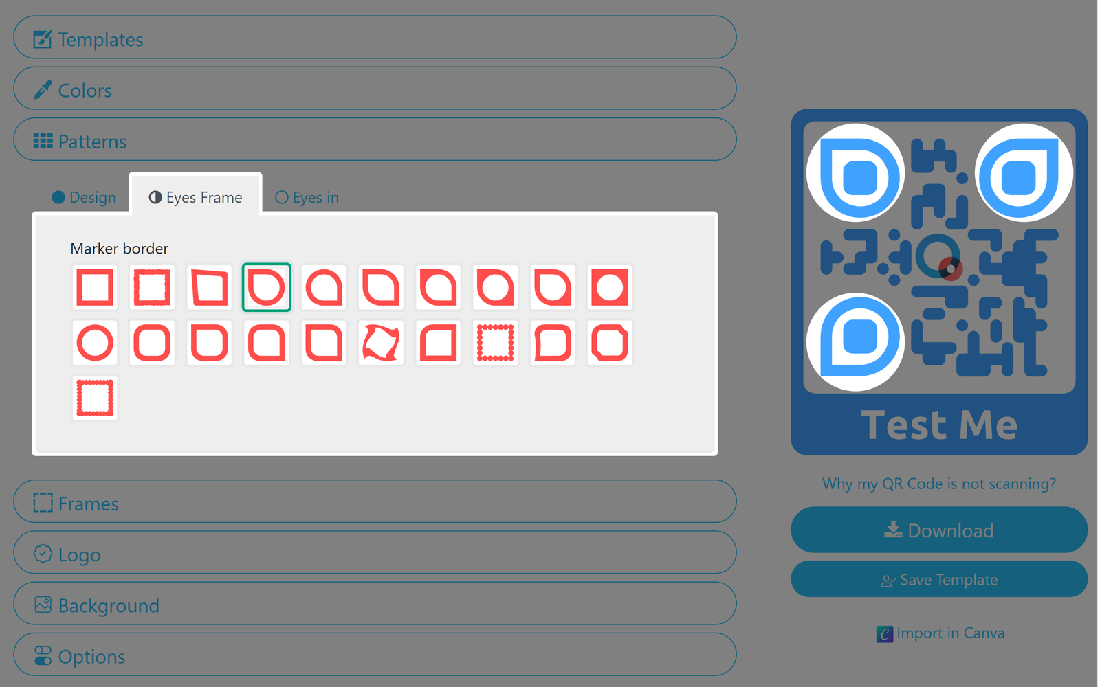 Screenshot of pattern eye frame tab 