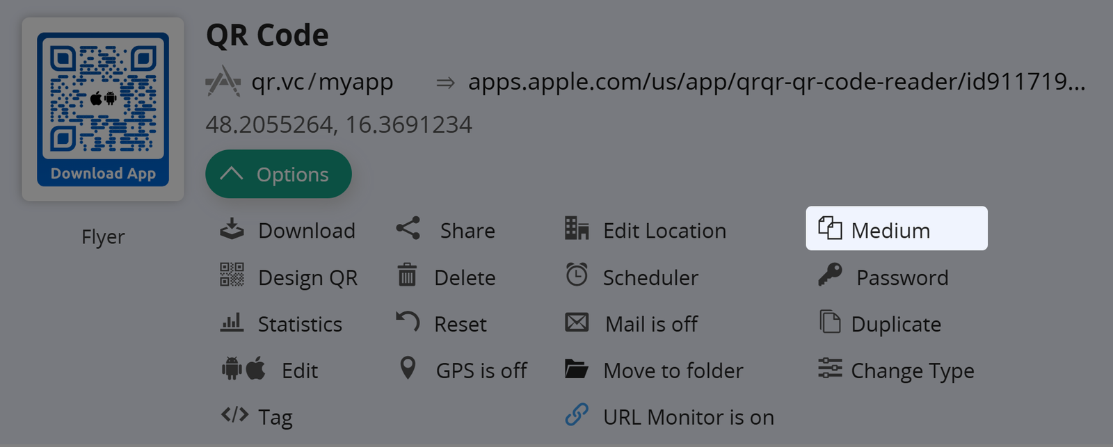 Captura de pantalla del botón "Medio" en la pestaña Opciones de un Código QR 