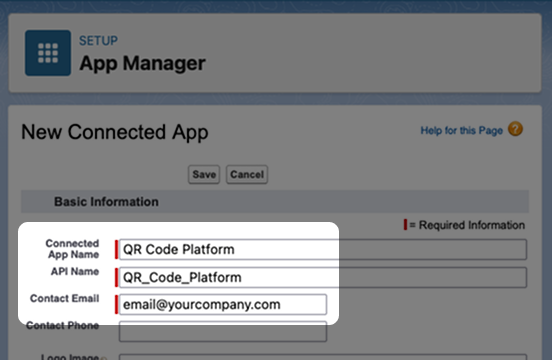 Screenshot: Highlighted Connected App Name and Contact Email