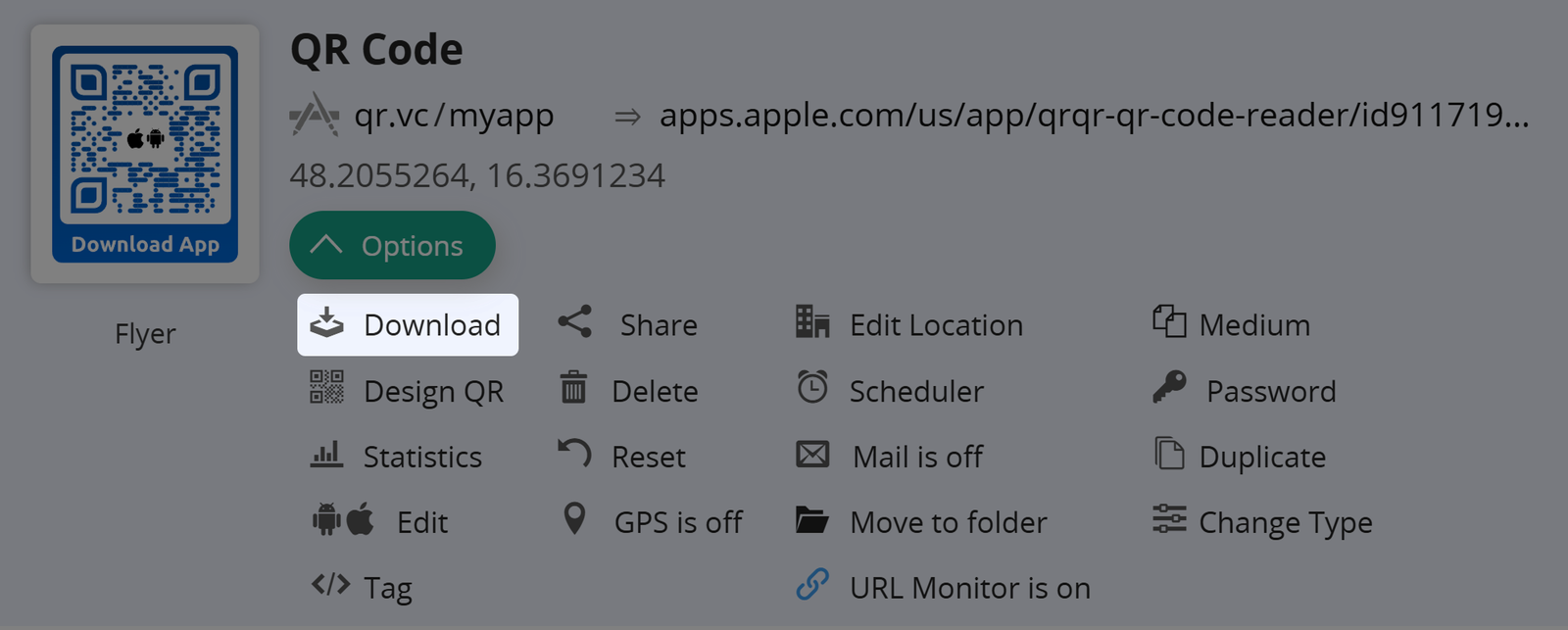Captura de pantalla del botón "Descargar" en la pestaña Opciones de un Código QR 
