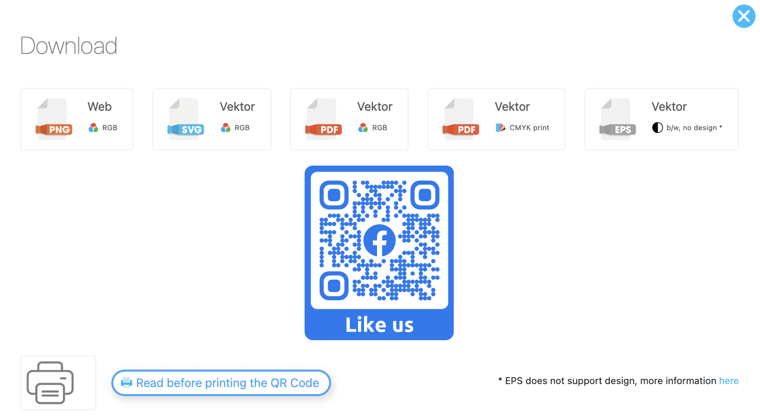 QR Code Download Designer QR Code and image format selector