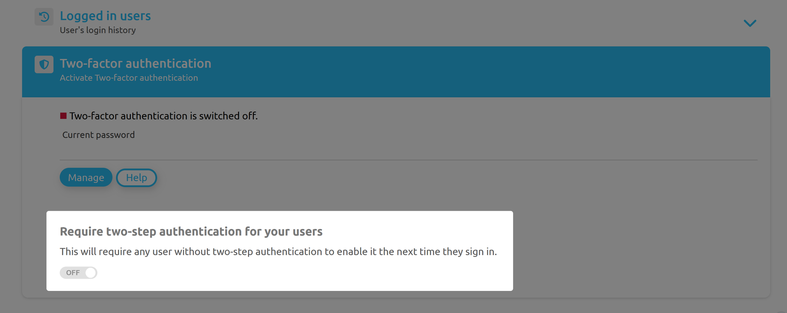 2FA-Settings in the admin account 