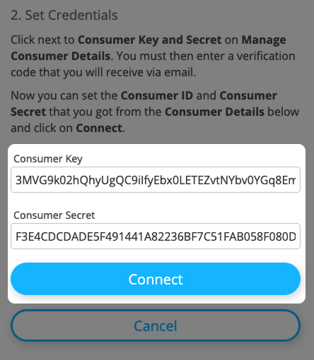 Screenshot: Integration form for Salesforce with highlighted Salesforce Consumer Key, Consumer Secret and "Connect" button