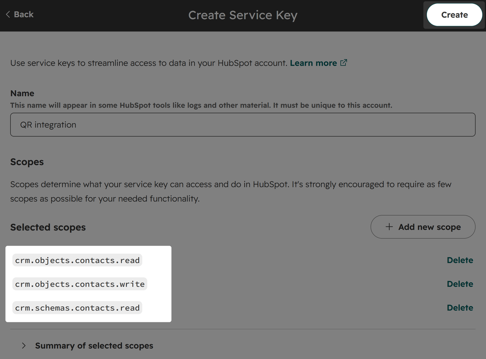 Screenshot: highlighted Create button
