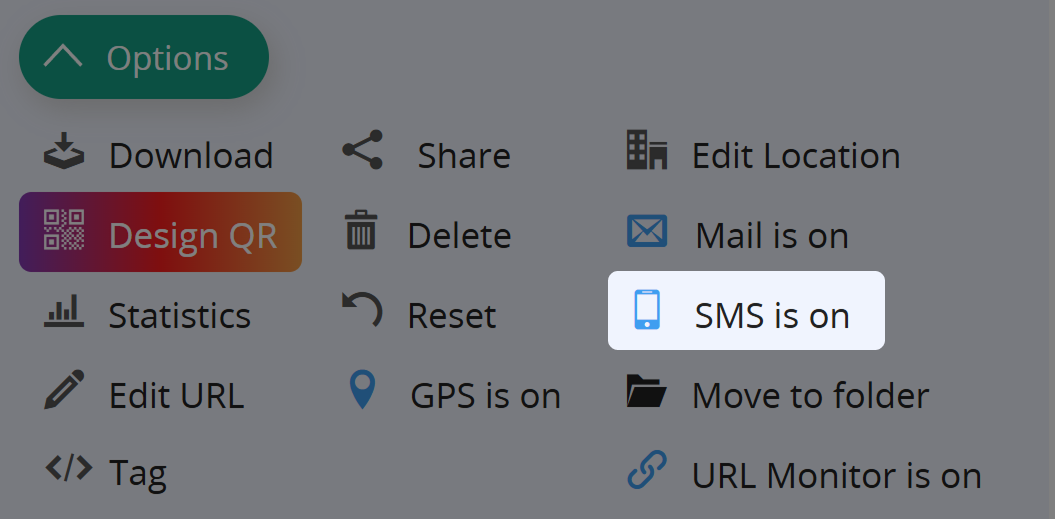 Screenshots of Button "SMS" in QR Code Options 