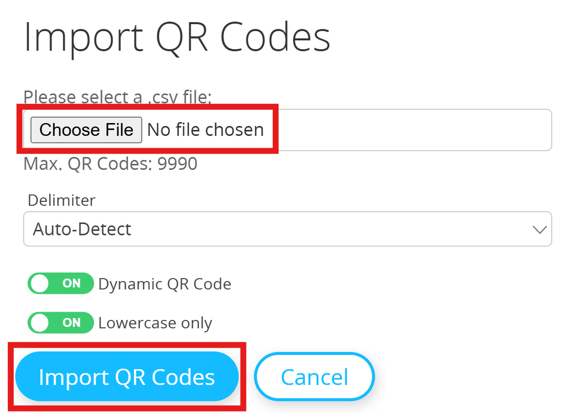 Captura de pantalla Botón "Elegir archivo" en la página "Importar Códigos QR" 