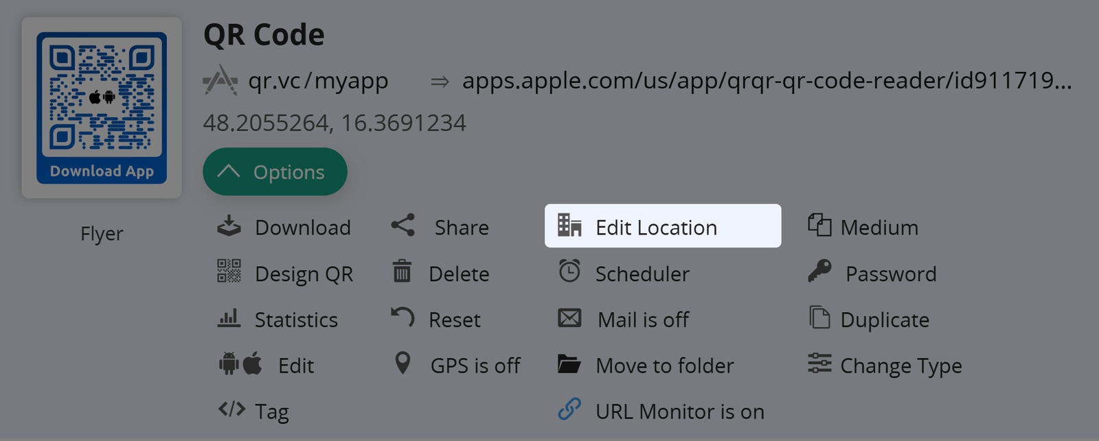 Captura de pantalla del botón "Editar ubicación" en la pestaña Opciones de un Código QR 