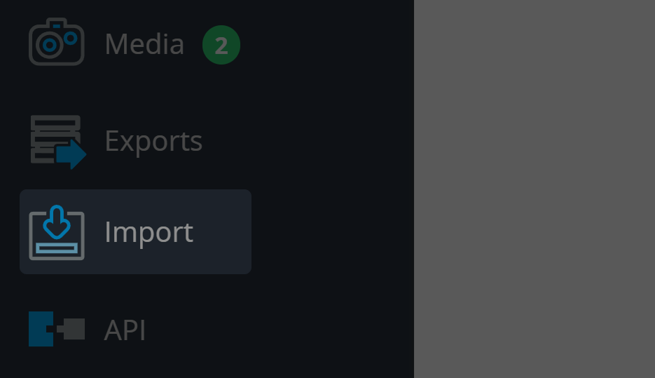 Screenshot of button "Import" in Main Navigation Menu 