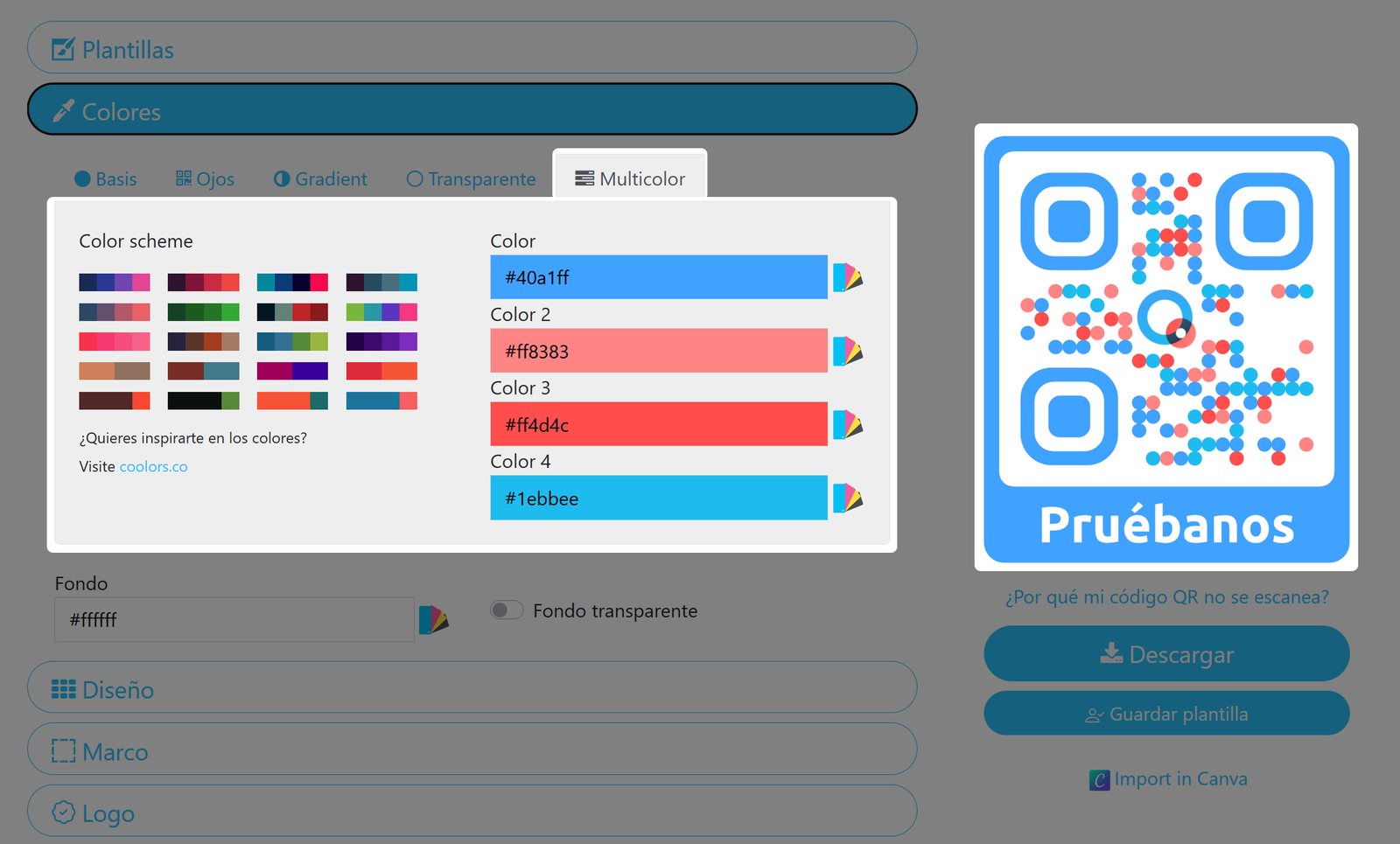 Captura de pantalla del menú multicolor del código QR 