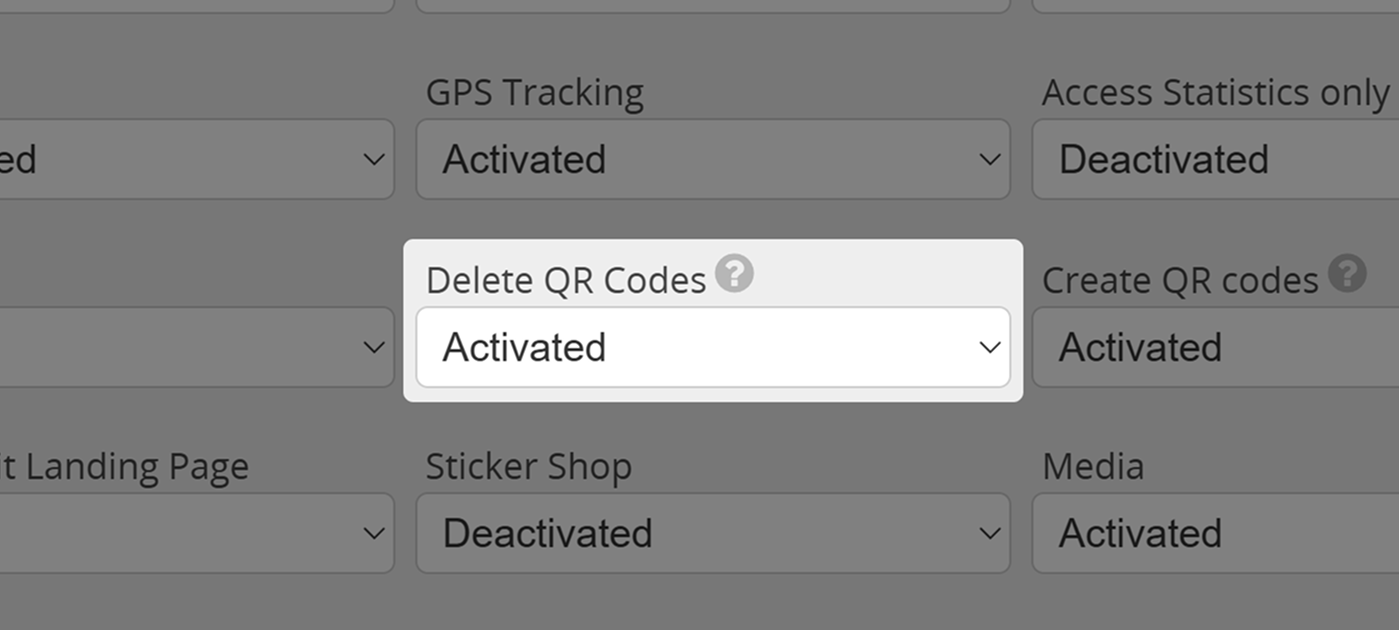 Screenshot of setting "Delete QR Codes" in User Permissions Menu 