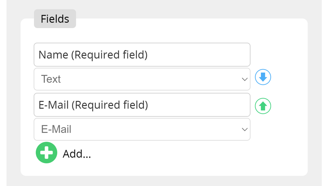 Screenshot of Fields "Name" and "E-Mail" in Lead Landing Page Editor.