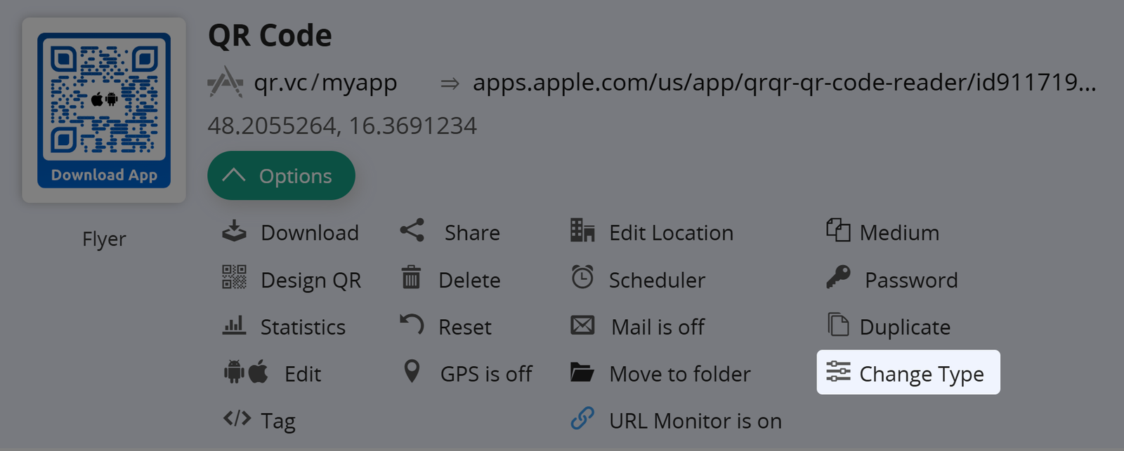 Captura de pantalla del botón "Cambiar tipo" en la pestaña Opciones de un Código QR 