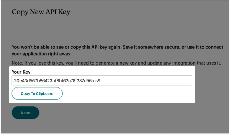 Screenshot: Highlighted API Key and button Copy To Clipboard