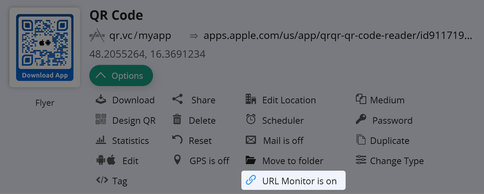Captura de pantalla del botón "Supervisión de URL activada" en la pestaña Opciones de un código QR 
