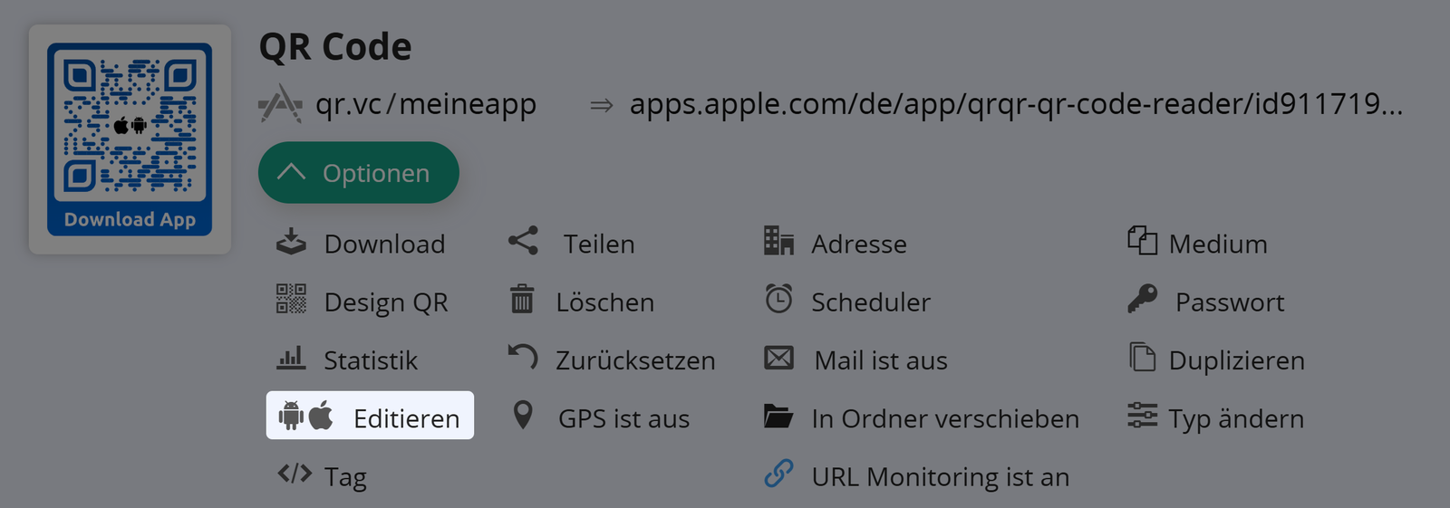 Screenshot der Schaltfläche "Editieren" auf der Registerkarte "Optionen" eines QR Codes 